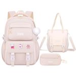 KEBEIXUAN Backpacks for School Girls Water Resistant School Bag Kids Kawaii Bookbag Teen Backpack Set With Cute Fur Balls and Badges (Beige)