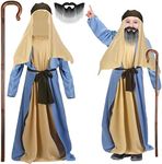 Patelai 6 Pcs Child Shepherd Costume Kids Jesus Outfit with Robe Lining Scarf Sash Cane Beard for Halloween Cosplay(Medium)