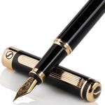 Scriveiner Black Fountain Pen – Luxury Pen with High-gloss Lacquer Finish, Real Gold Plated Accents and Finely Engineered German Schmidt Medium Nib, for Smooth Writing - Signature Gift Box Set