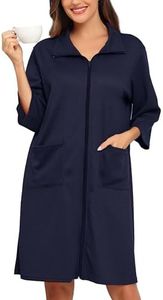 Lovasy Bata De Casa Mujer Manga 3/4 Waffle Batas Abrigo Nido Abeja Respirable Ropa De Dormir Con Cremallera Y Bolsillos,Azul marino,S