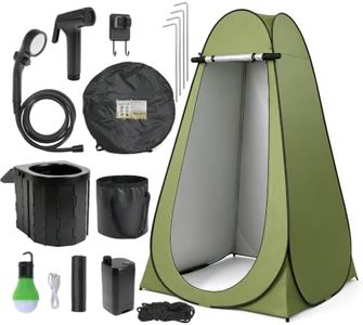 Pop Up Shower Tent for Camping with Folding Toilet Portable Outdoor Privacy Tent with 6000mAh Rechargeable Shower Pump and 2 Shower Head 20L Gallons Bucket and LED Light for Travel,Car Wash,Hiking