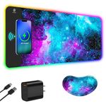 ToLuLu Wireless Charging RGB Gaming Mouse Pad, 15W LED Mouse Mat with 30W Charger, 14 Light Modes Large Mousepad with Wrist Support, Non-Slip Rubber Base Desk Mat Computer Keyboard Pad, Galaxy Nebula