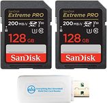 SanDisk 128GB SD Extreme Pro Memory Card (Two Pack) Works with Nikon D3500, D7500, D5600 Digital DSLR Camera (SDSDXXD-128G-GN4IN) Bundle with (1) Everything But Stromboli MicroSDXC & SD Card Reader