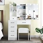 Dressing Table Vanity Makeup Table with Lights Mirror, Drawers,Cushioned Stool,Large Makeup Desk Set Vanity Desk for Women Girls Bedroom (Modern P3056)