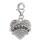 Sexy Sparkles Grandma Heart Charm W/Clear Rhinestones Dangling Clip On Lobster Claw Charm for Bracelets or Necklace, Zinc Based Alloy & Rhinestone