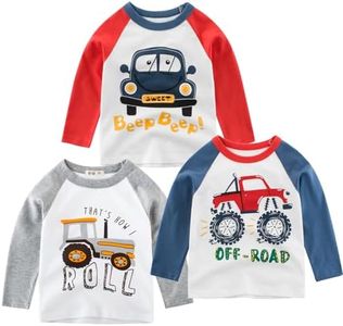 VZF Toddler Boys Color Block Long Sleeve Shirts 3-Pack Cotton Dinosaur&Car Print Boy's T-Shirts Spring/Fall,Car Grey+Red+Blue 3-5Y