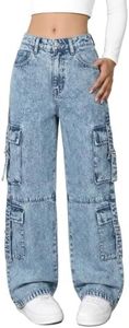 Tenfinordi Teen Girl's Cargo Baggy Jeans Y2K Wide Leg Cargo Denim Pants - Muti-Pockets with D-Ring & Zipper Closure Kids Youth Fashion Streetwear Trousers Size 16 Light Blue