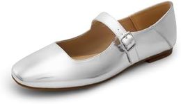 DREAM PAIRS Women's Flats Square Toe Mary Jane Flats Comfortable Casual Slip On Dress Shoes Ballet Flats with Buckle Strap Business Casual Work Office Mary Jane Shoes,Size 8.5,Silver,DWUMFA2520