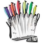 nuovva Professional Kitchen Knife Set with Block - Colourful 17 Piece Knives Set with Steak Knives - Clear Acrylic Block High Carbon Stainless Steel Blades - with Knife Sharpener Peeler and Scissors