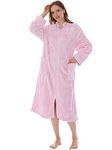 PAVILIA Womens Housecoat Zip Robe, Sherpa Zip Up Front Robe Bathrobe, Plush Warm Zipper House Coat Lounger, Pockets Fluffy, Pink, Small-Medium