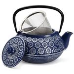 Japanese Cast Iron Teapot with Infuser for Loose Leaf and Tea Bags, Kettle Includes Handle and Removable Lid (Blue, 34oz)