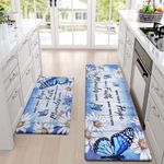 Likiyol Butterfly Kitchen Rugs Set of 2 Kitchen Mats for Floor Farmhouse Anti Fatigue Mats for Kitchen Floor, Daisy Kitchen Rugs Non Slip Washable Standing Floor Mats, 18'' x 30'' + 18'' x 48'', Blue