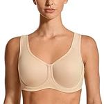 SYROKAN Women's Max Control Underwire Sports Bra High Impact Plus Size with Adjustable Straps Beige 38C