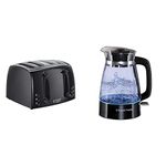 Russell Hobbs 21651 Textures 4-Slice Toaster 21651-Black, Plastic, Black & 26080 Hourglass Cordless Electric Glass Kettle - Artisan Inspired Design, 1.7 Litre, 3000 Watt