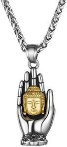 Collier Tête de Bouddha sur Main Homme Plaque Or Pendentif Femme Bouddhiste en Paume Religieux Chinois Médaille Porte Bonheur Amulette Protection Chaine Garcon 20 pouce 50cm