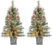 Costway 90 CM Artificial Entrance Christmas Tree, Pre-lit Potted Xmas Tree with 125 Branch Tips, Pine Needles, 50 Warm White LED Lights, 104 Red Berries, Seasonal Decoration Tree for Home Porch (2)