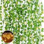 N&T NIETING 12Pack Fake Ivy Garland, 84Ft Artificial Vines with 80 LED String Light, Artificial Ivy with Light, Fake Vines Hanging Plant for Wedding Party Wall Garden Living Room Home Decor