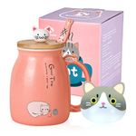 SHENDONG Cat Mug Cute Ceramic Coffee Cup with Kawaii Cat Wooden Lid and Lovely Stainless Steel Spoon Novelty Morning Cup Coffee Milk Tea Mugs - 3D Animal Cat Mugs for Cat Lovers Women Gifts(Pink)