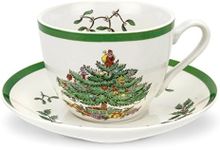 Spode Christmas Tree Teacup & Saucer Set - 7 Oz Earthenware Cup for Tea, Coffee, Cappuccino, Espresso - Holly & Mistletoe Holiday Accents - Holiday Collection Design for Gifting