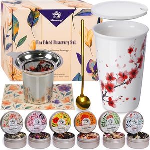 Harmoleaf Tea Gift Set for Women - 6 Herbal Loose Leaf Tea Blends, Insulated Ceramic Cup with Infuser & Lid | Birthday, Mother's Day, Anniversary & Retirement Gift for Her