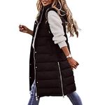 Flovey Womens Long Vest Black Long Puffer Vest Coat Hooded Sleeveless Pockets Quilted Vest Outdoor Jacket