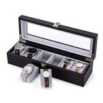 Mondeer Watch Box, Watch Display Organizer, Watch Storage with Glass Lid, Grey Velvet Lining, Lockable with Silver Metal Clasp, 6 Slots, 34.5x11x8.5cm, Black PU Leather