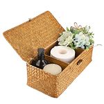 IGNPION Seagrass Storage Basket with Lid 3 Compartments Toilet Tank top Basket Woven Seagrass Desktop Basket Rectangular Organiser Box Shelves & Desks Decorative Basket, Caramels