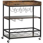 HOMCOM Bar Cart, 3-Tier Industrial Kitchen Island with Storage, Kitchen Cart with Removable Tray, Wine Racks, Glass Holders and Universal Casters with Brakes, Rustic Brown