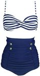 COCOSHIP Navy Blue White High Waist Bikini Set Twist Striped Top Retro Buttons Bathing Suit Ruched Cruise Beach Swimsuit XXL(US12)