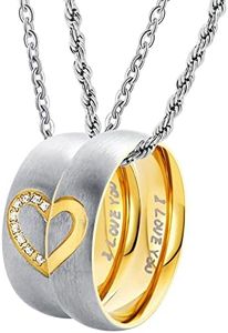 ANAZOZ Jewellery Stainless Steel Pair Necklace with Ring Pendant, Puzzle Heart with Engraving I Love You, 5A Cubic Zirconia, Width 6 mm, Rose Gold Black for His and Her - Rolo Chain Cord Chain, Cubic Zirconia