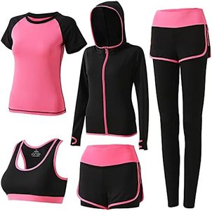 XPINYT 5pcs Workout Outfits for Women Athletic Sets Sport Suits Yoga Gym Fitness Exercise Clothes Jogging Tracksuits, Rose 02, Small