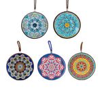 Set of 5 Ceramic trivets with Cork Base and Cord, Vintage Round Pot Holders, Suitable for pots/Bowls/ladles/basins/Cups/and Baking Dishes, Kitchen Decoration (17cm)