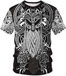 ENLACHIC Men's Vikings T Shirt Tops Novelty 3D Print Norse Mythology Pullover Tee,Odin Wotan,XXL