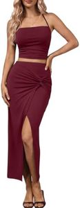Trendy Queen Womens Ruched Halter Crop Top and Bodycon Long Skirt 2 Piece Set for Going Out Summer Vacation Outfit 2026 Burgundy M
