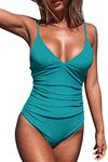 CUPSHE Women's One Piece Swimsuit Triangle Low Back Beach Swimwear Tummy Control Bathing Suit Swimming Costume Teal L