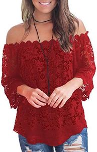MIHOLL Women's Casual Tops Sexy Lace Off Shoulder Blouse Shirts (Wine Red, Medium)