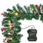 10FT Christmas Garland with 50 LED Lights - Pre-lit Outdoor Xmas Garland - Battery Powered Waterproof String Light with Timer - Pine Garland with Red Berries Snow Pine Cones - 10 Foot by 10 Inch