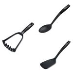 Tasty Everyday Kitchen Utensil Bundle, 2in1 Potato Masher & Spaghhetti Spoon, Cooking Turner, Serving Spoon with Measurements, Non-Scratch, Colour: Black & Grey