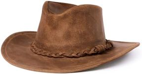 Minnetonka Outback Hat - Flat Brimmed Cowboy Hat for Men and Women Made with Distressed Ruff Leather, Hidden Steel Wire in Brim, and Subtle Leather-Braided Accent, X-Large-Brown