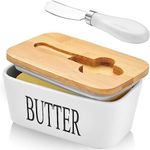 Ceramic Butter Dish with Lid and Knife Porcelain Butter Container with Butter Cutter Butter Knife Easy Spread Kitchen Accessories Tableware (White)