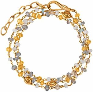 KARMA AND LUCK Women's Genuine Hematite Pyrite Labradorite Gemstones 18K Gold Plated Brass Evil Eye Triple Protection Wrap Bracelet with Cubic Zirconia Crystals. (Divine Happiness)