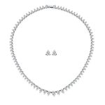 Classic Traditional Bridal Graduated Teardrop AA CZ Statement Collar Tennis Necklace Stud Earrings Jewelry Set for Women Wedding Prom Silver Plated