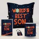 Jhingalala Gift for Son | World's Best Son Printed Cushion with Filler, Coffee Mug, Key Chain, Greeting Card | Combo Gifts for Son Birthday Special