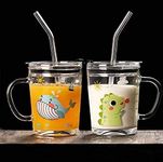 Riziya Brother Transparent Glass Mug/Cup for Girls and Boys (Kids) with Straw, Glass Cup/Mug for Kids with a Random Design Cartoon Print of Dolphin and Other Cartoons 370ML - 1 PCS