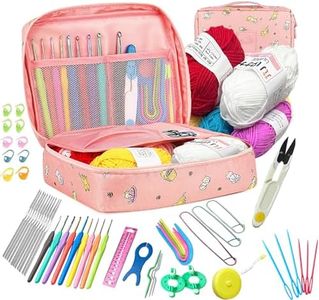 59 Pcs Crochet Hooks Kit Knitting Starter Kit for Adults Ergonomic Crochet Soft Grip Handle Crochet Tools DIY Weave Yarn Kits with Carry Bag Hooks Set for Beginners Adults (Pink)