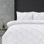 Linen Home Pintuck White Double Duvet Set Pinch Pleat Soft Microfibre Double Bed Quilt Cover with 2 Pillowcases, Easy Care Wrinkle Free Double Bedding Set of 3 Pcs (White, Double Duvet Cover Set)