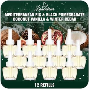 Plug in Air Freshener Refills 12 Pack – Mediterranean Fig, Black Pomegranate, Coconut Vanilla & Winter Cedar Scents – Adjustable Fragrance for Rooms & Bathrooms – Compatible with Air Wick & Glade