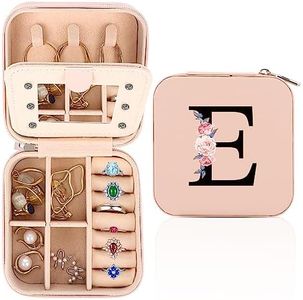 WALLFID Travel Jewelry Case, A-Z Personalized Jewelry Case, Portable Jewelry Box, Small Travel Jewelry Storage Case with Mirror, Birthday Gift-for Women, Mothers Birthday Valentines Day Gift Ideal.(E)