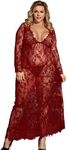 ohyeahlady Plus Size Long Lingerie Set for Womens Lace V Neck Mesh Sexy Nightdress Babydoll Sleepwear Maxi Dress with Thong(Red XL-2XL)