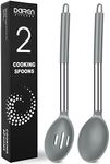 Pack of 2 Large Silicone Cooking Spoons, Non-Stick Stainless Steel Slotted and Solid Spoon Set for Serving, Mixing, Draining, Heat Resistant, Scratch Resistant and BPA Free Kitchen Scoops (Grey)